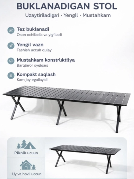 Piknik uchun yig‘ma stol - Dam olish, dala hovli va sayohatlar uchun - 