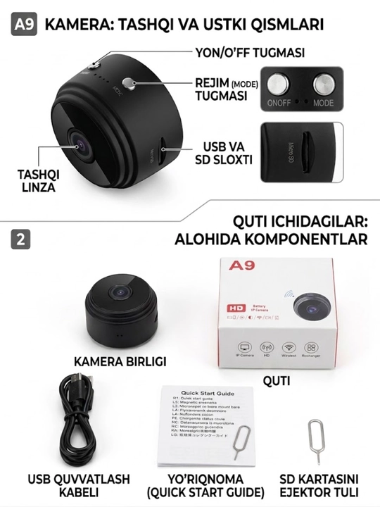 A9 Mini Wi-Fi Kamera — Xonadon Xavfsizligi va Masofaviy Kuzatuv - 