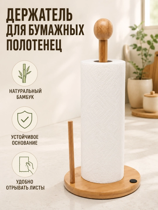 Настольный деревянный держатель для бумажных полотенец с удобным фиксатором из бамбука