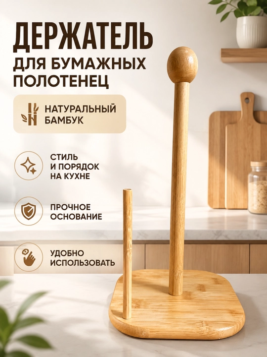 Настольный деревянный держатель для бумажных полотенец с удобным фиксатором из бамбука - 