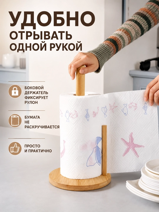 Настольный деревянный держатель для бумажных полотенец с удобным фиксатором из бамбука
