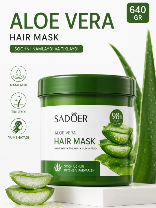 SADOER Aloe Vera soch uchun shampun va niqobi, 640 g, namlovchi va tiklovchi - 