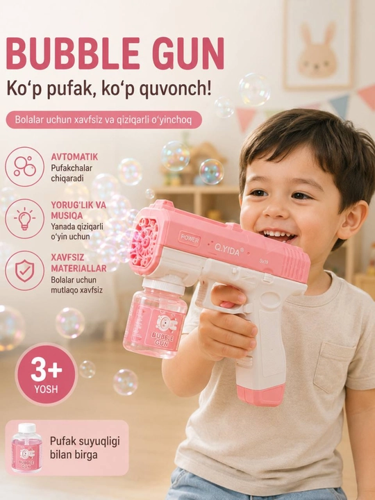Bolalar uchun pufak pistoleti, sovun pufagi, avtomatik bubble gun, musiqali o‘yinchoq - 