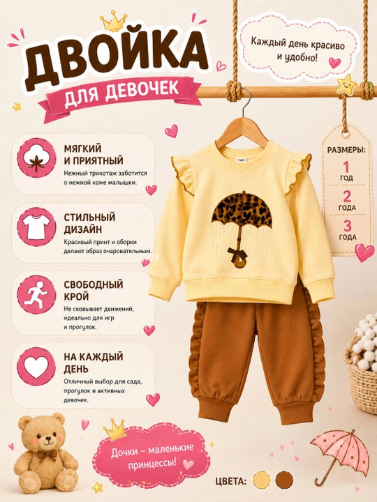 Костюм двойка для девочки, детский спортивный костюм, кофта и брюки, 1–3 года