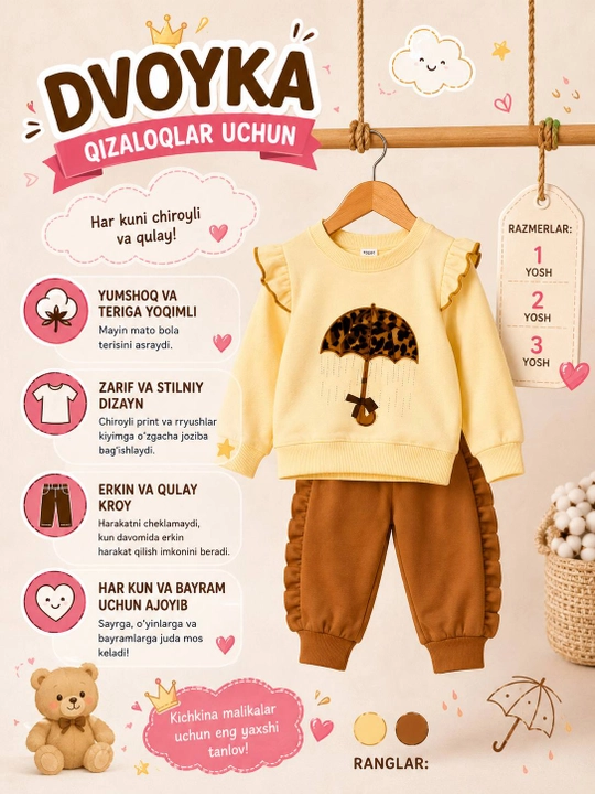 Qizlar uchun kostyum-dvoyka, bolalar sport kostyumi, kofta va shim, 1–3 yosh - 