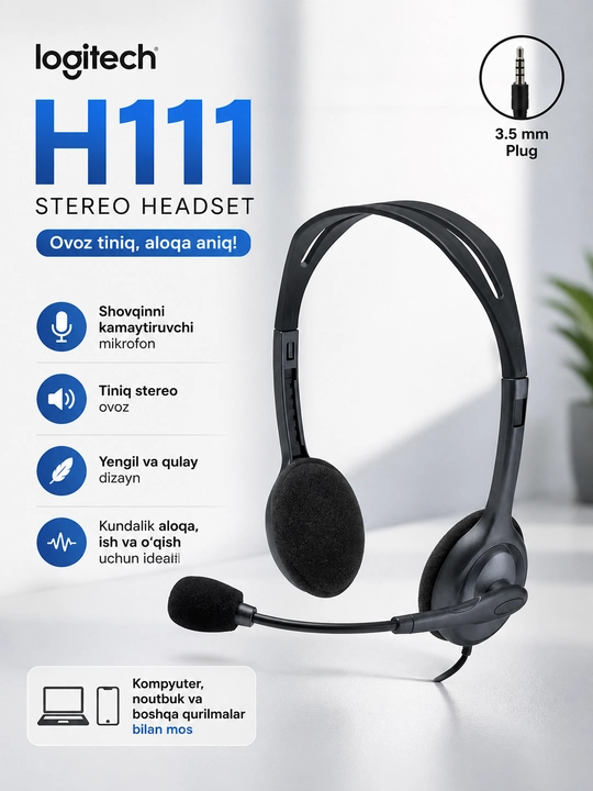 Logitech - Mikrofonli simli kompyuter garniturasi H110, H111 - 