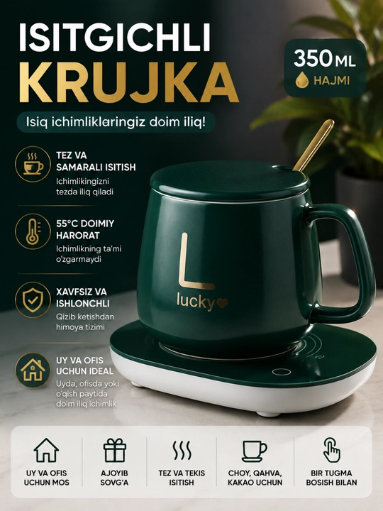 Krujka isitkichli sopol, qopqoq va qoshiq bilan, sovg‘a to‘plami, 350 ml - 