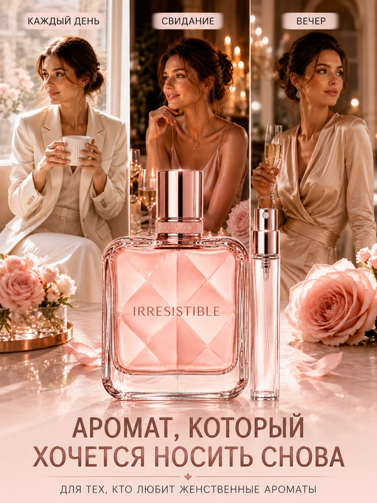 Atir Irresistible ayollar uchun, gulli-mevali iforli ayollar atiri