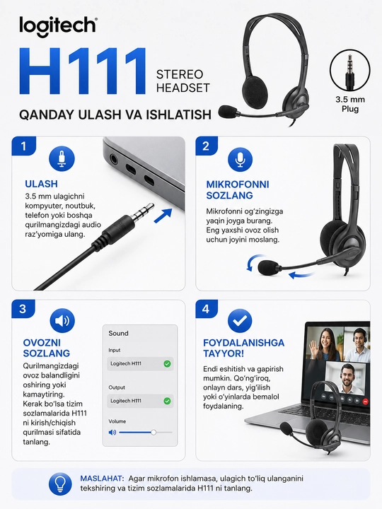 Logitech - Mikrofonli simli kompyuter garniturasi H110, H111