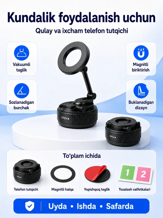 Magnitli telefon tutgich pastavka, 360° buriladigan, yig‘iladigan, vakuumli asosli