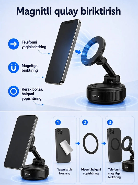 Magnitli telefon tutgich pastavka, 360° buriladigan, yig‘iladigan, vakuumli asosli - 