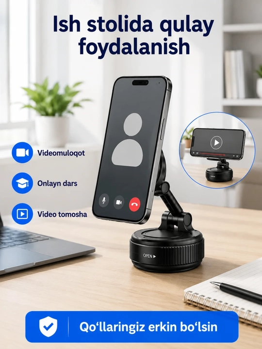 Magnitli telefon tutgich pastavka, 360° buriladigan, yig‘iladigan, vakuumli asosli