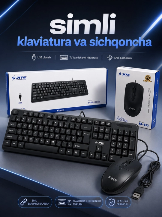 JITE simli USB to‘plami: to‘liq o‘lchamli klaviatura va optik sichqoncha - 