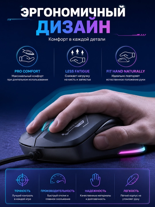 ONIKUMA CW917 RGB simli o‘yin sichqonchasi, USB, optik, 3600 DPI gacha, 6 ta tugma