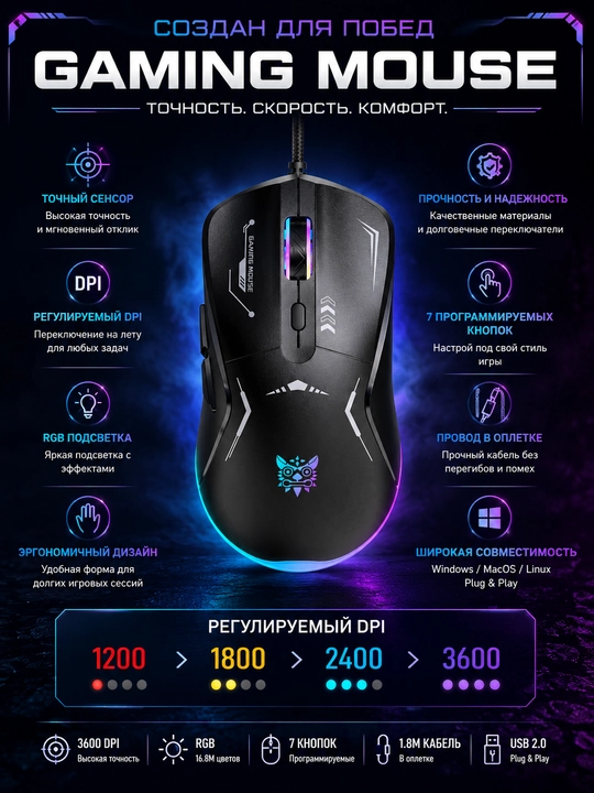ONIKUMA CW917 RGB simli o‘yin sichqonchasi, USB, optik, 3600 DPI gacha, 6 ta tugma - 