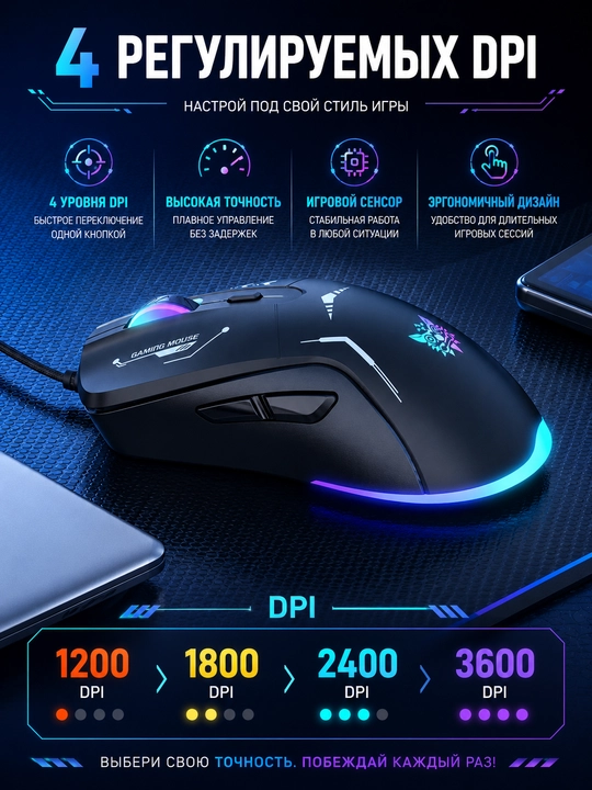ONIKUMA CW917 RGB simli o‘yin sichqonchasi, USB, optik, 3600 DPI gacha, 6 ta tugma