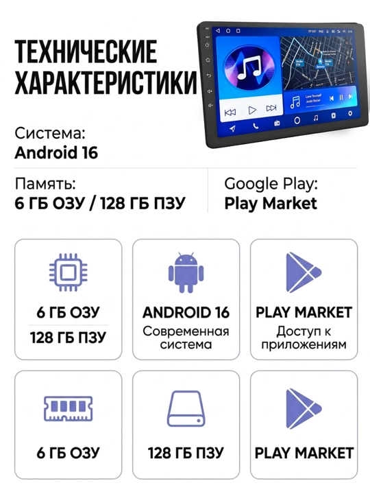 Автомагнитола Android 16 Smart 9/10" 6/128 ГБ, GPS, Bluetooth, Google Play