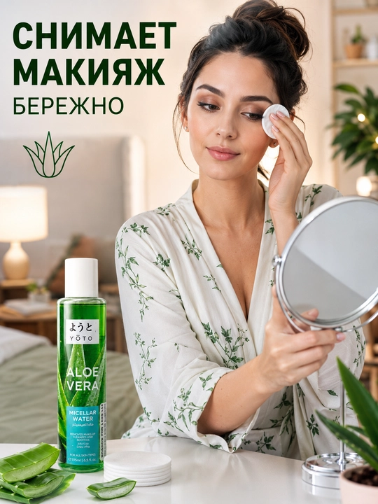 Мицеллярная вода YOTO Aloe Vera с алоэ вера для снятия макияжа и очищения лица, 195 мл