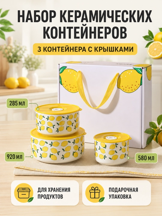 Набор керамических контейнеров с крышками, 3 шт., 285/580/920 мл - 