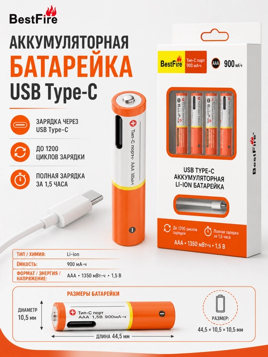Литий-ионная аккумуляторная батарея USB Type-C AAA - 