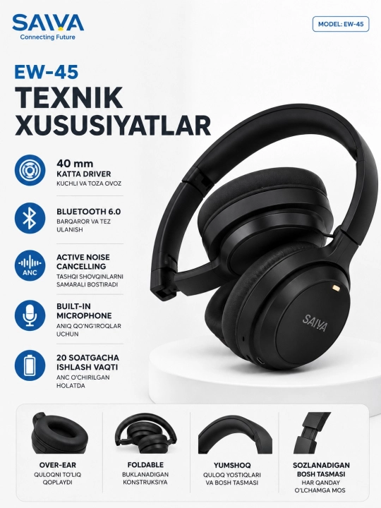Simsiz naushnik Bluetooth 6.0, ANC shovqin bostirish, stereo, mikrofon, Over-Ear, musiqa - 