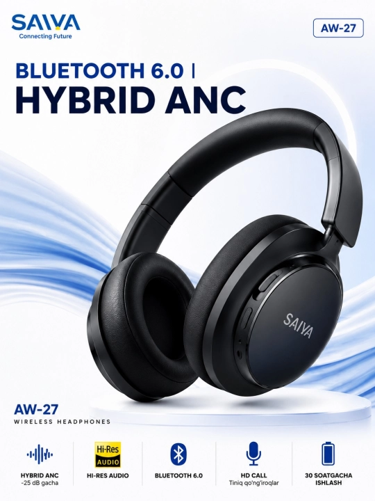 Simsiz naushnik Bluetooth 6.0, ANC shovqin bostirish, stereo, mikrofon, Over-Ear, musiqa