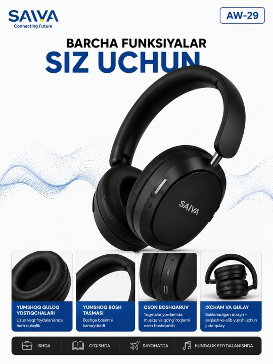 Simsiz naushnik Bluetooth 6.0, ANC shovqin bostirish, stereo, mikrofon, Over-Ear, musiqa