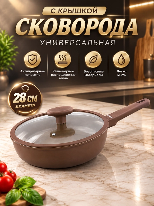 Сковорода со стеклянной крышкой, гранитное антипригарное покрытие 28sm - 