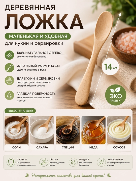 Маленькая деревянная ложка для кухни и сервировки, 14см - 