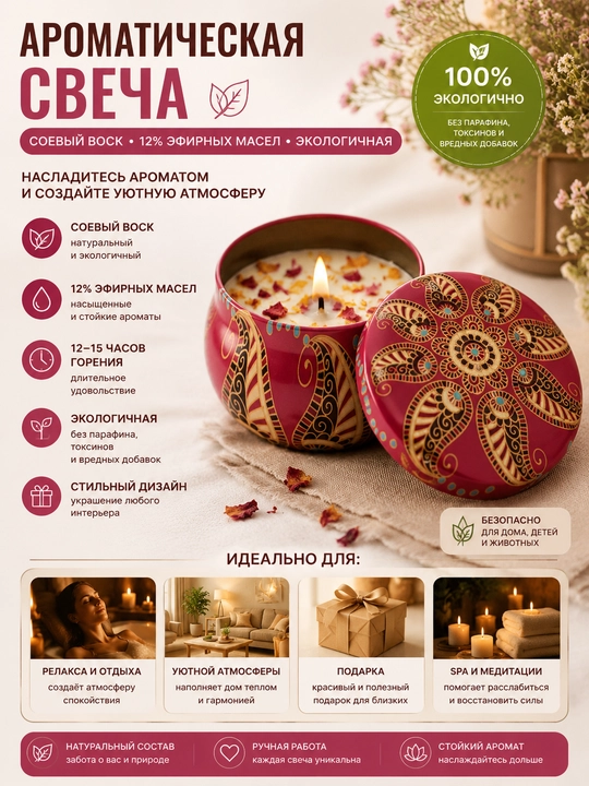 Xushbo‘y shamlar to‘plami, soya mumi, 12% efir moylari, ekologik toza - 