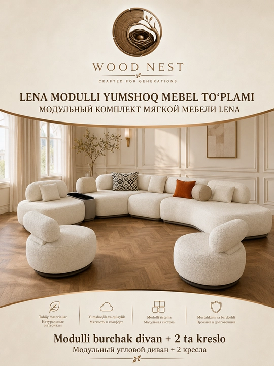 Lena yumshoq mebel to‘plami, modulli burchakli divan va 2 ta aylanadigan kreslo
