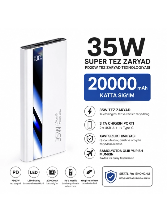 Power Bank 20000 мАч, 35W, быстрая зарядка PD20W, внешний аккумулятор с LED-дисплеем - 