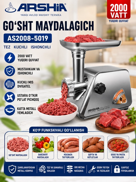 ARSHIA AS2008-5019 go‘sht maydalagich — 2000 Vt, metall korpus - 