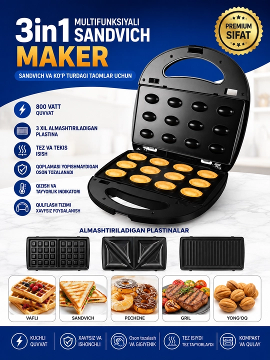 3 in 1 Multifunksiyali Sendvich Maker — 800 Vt - 