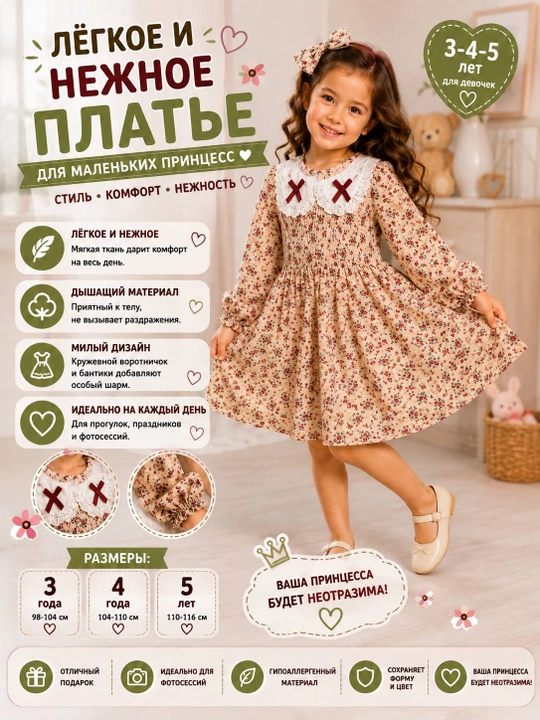 Платье для девочки 3–5 лет, детское платье с цветочным принтом и длинным рукавом