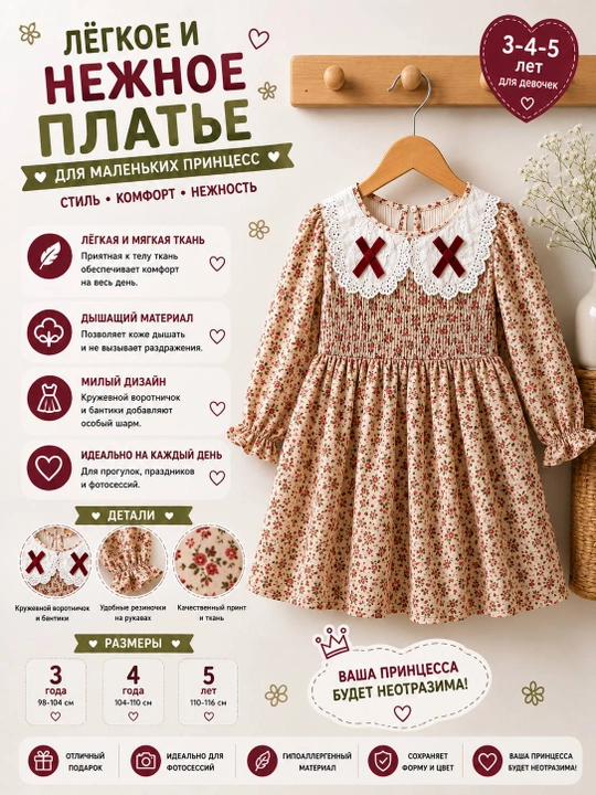 Платье для девочки 3–5 лет, детское платье с цветочным принтом и длинным рукавом