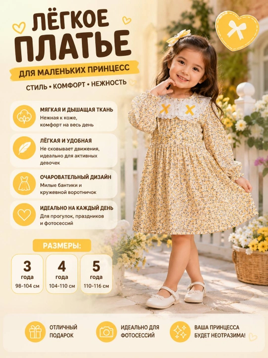 Платье для девочки 3–5 лет, детское платье с цветочным принтом и длинным рукавом