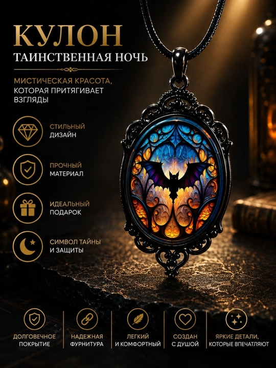Gotika uslubidagi «Dark Bat» kuloni, vitraj effektli oval medalyon, qora ipli osma - 