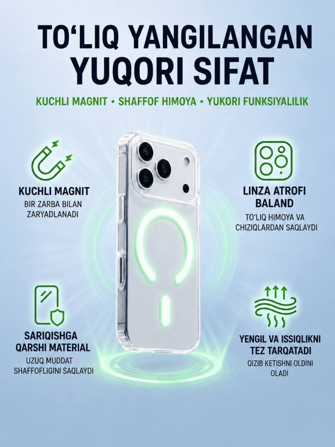 IPhone 15 Pro, Max, 16 Pro, Max, 17 Pro uchun g‘ilof, fosforli, qorong‘ida porlaydi