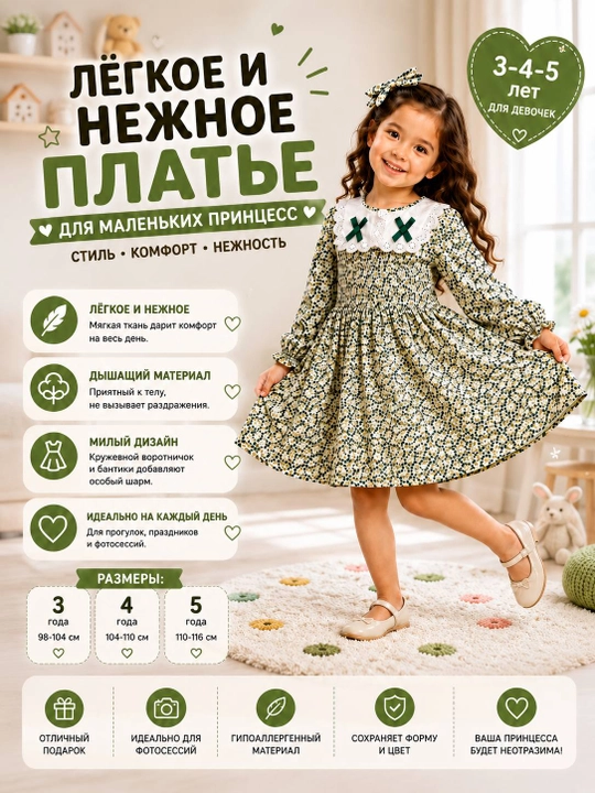 Платье для девочки 3–5 лет, детское платье с цветочным принтом и длинным рукавом