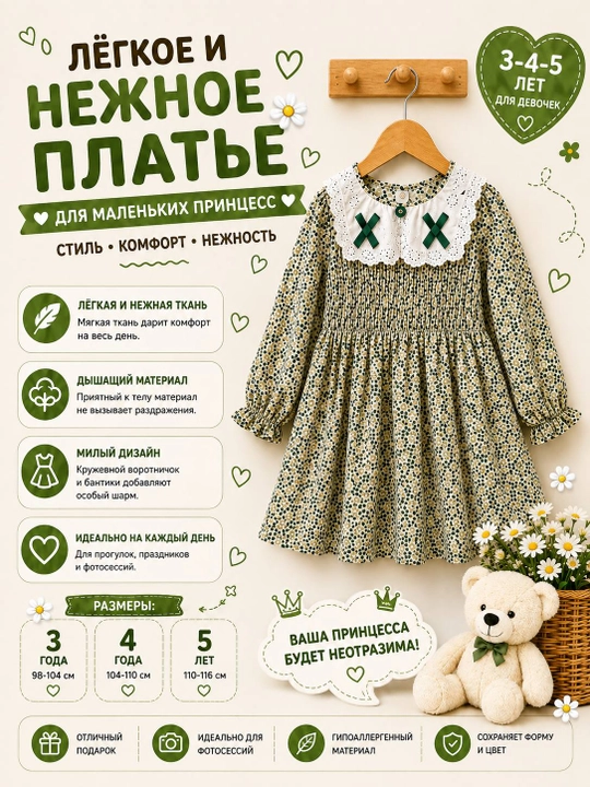 Платье для девочки 3–5 лет, детское платье с цветочным принтом и длинным рукавом - 