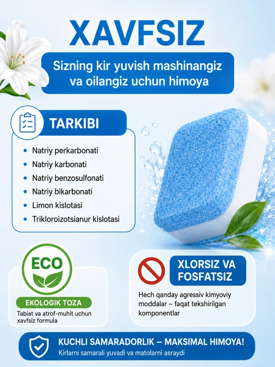 Kir yuvish mashina barabanini tozalash uchun tabletkalar