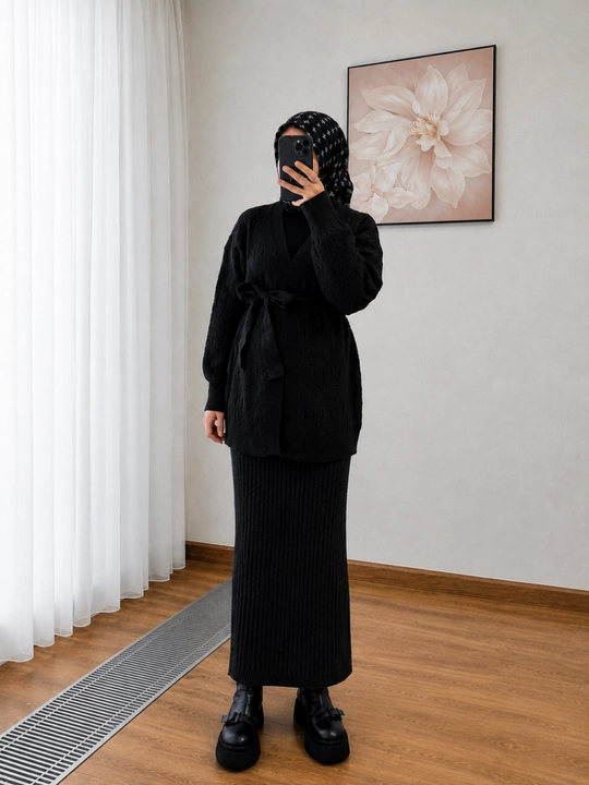 Ayollar trikotaj kostyumi - belbog‘li kardigan va maksi yubka 42 44 46 48