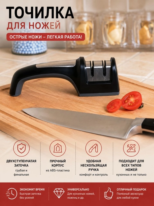 Pichoq charxlagich – 2 bosqichli, qo‘l bilan ishlatiladigan universal pichoq charxlagich