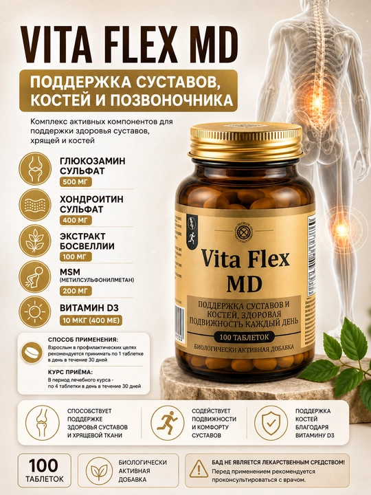 Suyak, bo‘g‘im va paylar uchun Vita Flex MD Glyukozamin xondroitin, 4 tab/kun - 