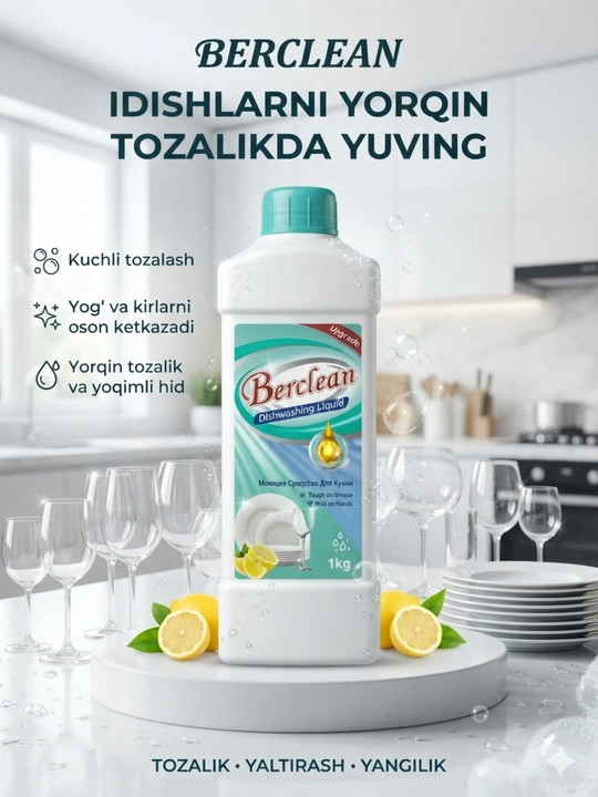 Berclean idish yuvish geli 1 kg – yog'larni ketkazuvchi, limon hidli idish yuvish vositasi - 