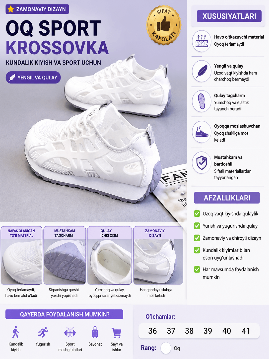 Ayollar uchun sport krossovka, kundalik va yugurish uchun