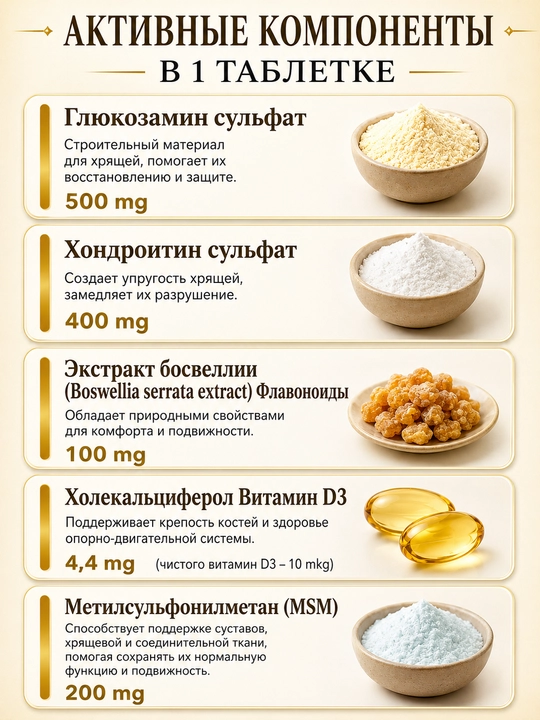Suyak, bo‘g‘im va paylar uchun Vita Flex MD Glyukozamin xondroitin, 4 tab/kun