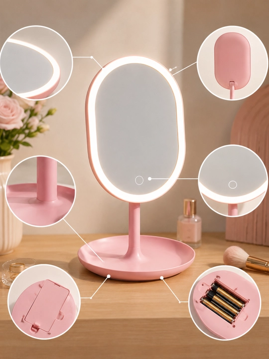 LED yoritgichli kosmetik ko‘zgu, makiyaj uchun stol usti oynasi, sensorli