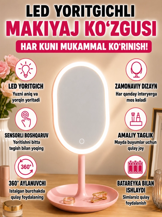 LED yoritgichli kosmetik ko‘zgu, makiyaj uchun stol usti oynasi, sensorli